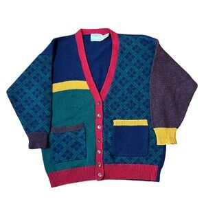 Grandmacore VTG Susan Bristol Wool Colorful V-neck Cardigan Sweater 1988 Women L